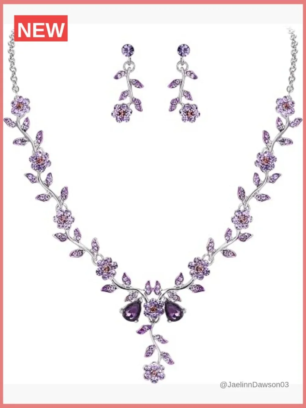Crystal Flower Leaf Dangle Earrings Necklace Set for Wedding